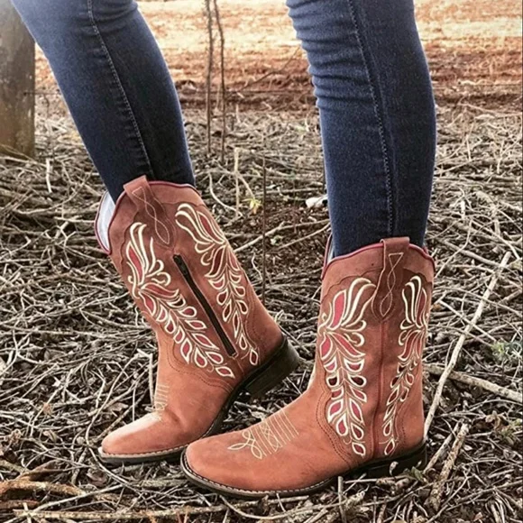 QUT Western Boots for Women Cowboy Riding Mid-Calf Real Leather Zip Cowgirl Boot - Picture 12 of 14